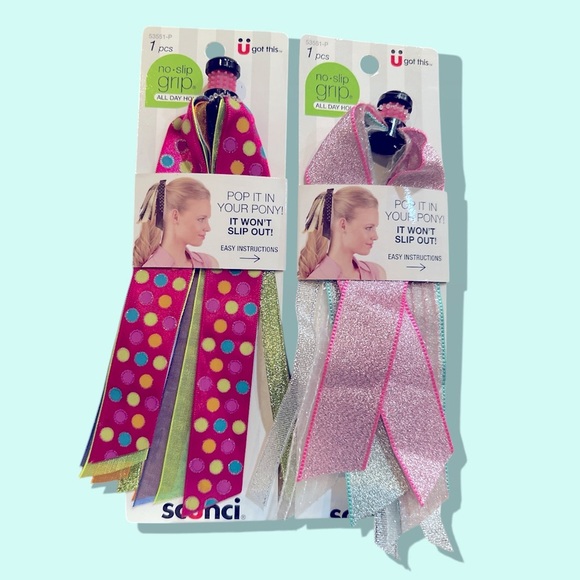 Scünci Ribbon Ponytail Holders |2-Pack | No-Slip Grip |Colorful & Glitter Styles - Picture 2 of 3